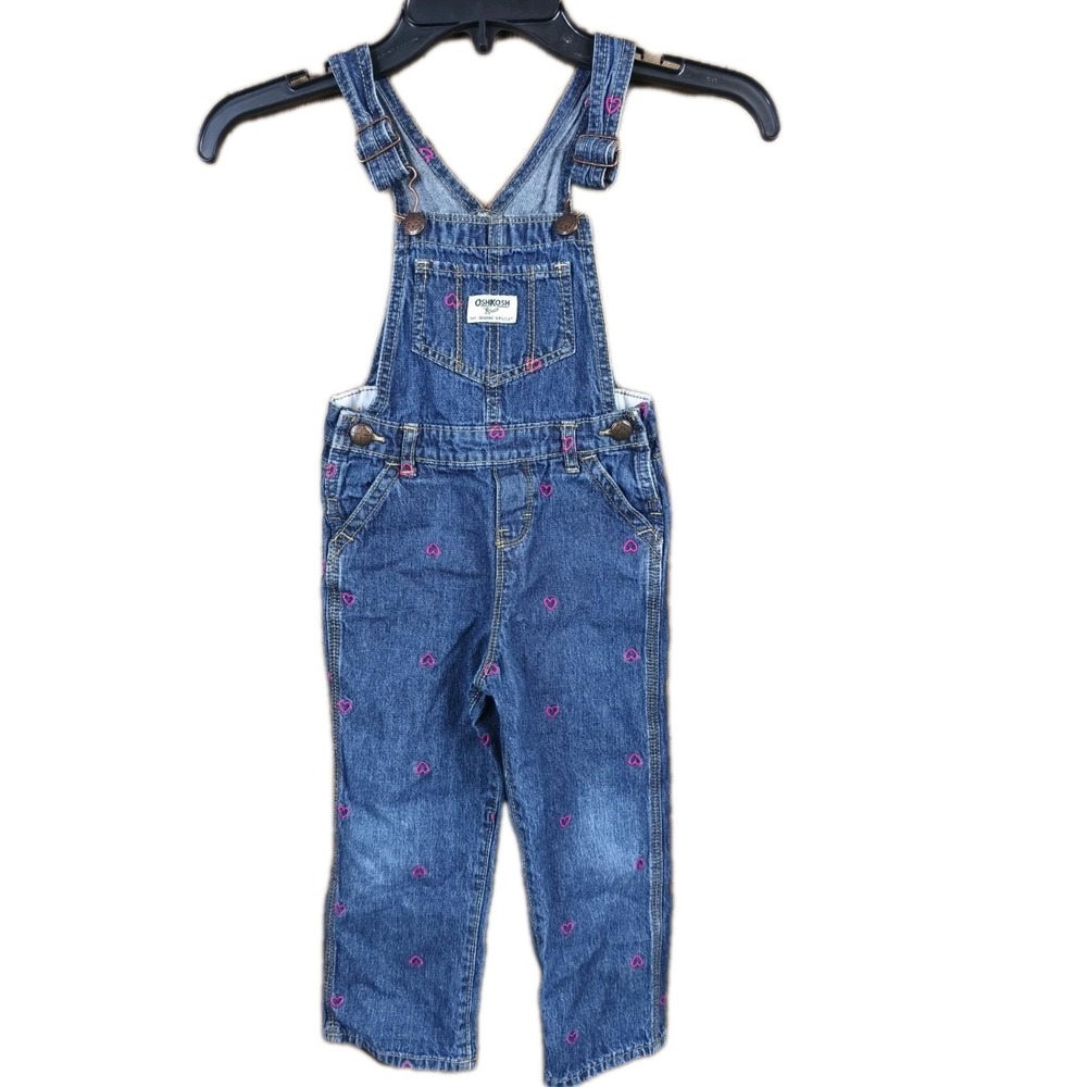 OshKosh‎ B'Gosh Girls 4T Denim Overalls Pink Heart Embroidered Bib Jeans